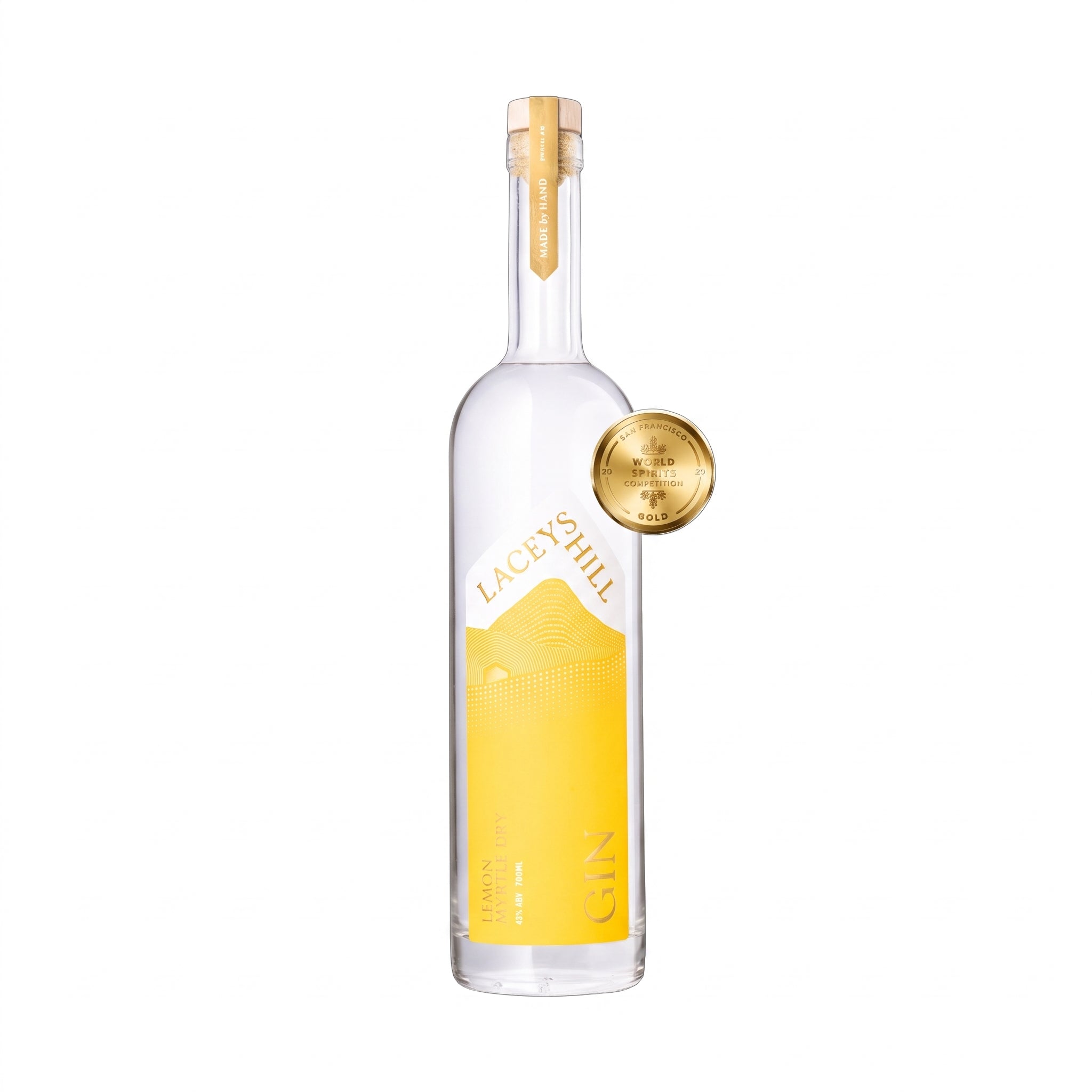 Laceys Hill Lemon Myrtle Dry Gin bottle with a yellow label, wooden stopper and gold award medal.