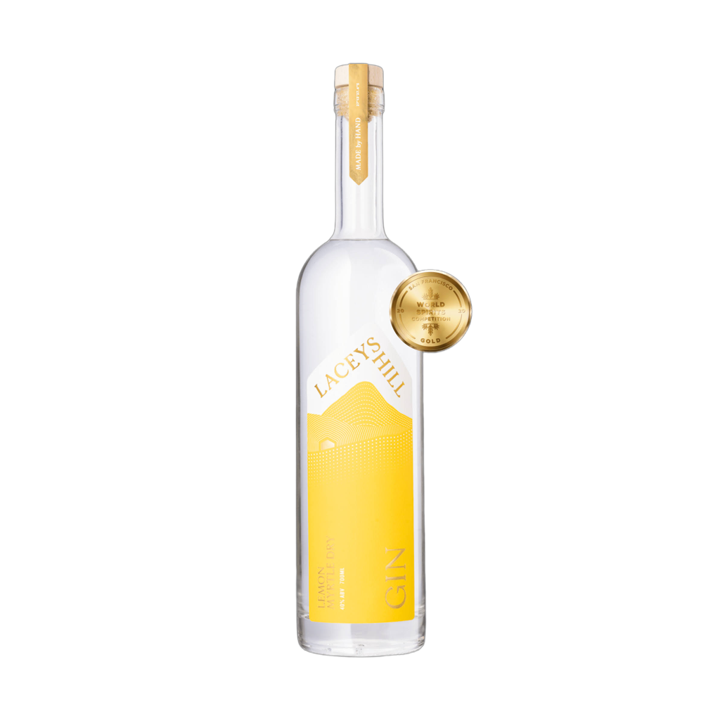 Laceys Hill Lemon Myrtle Dry Gin bottle with a yellow label, wooden stopper and gold award medal.